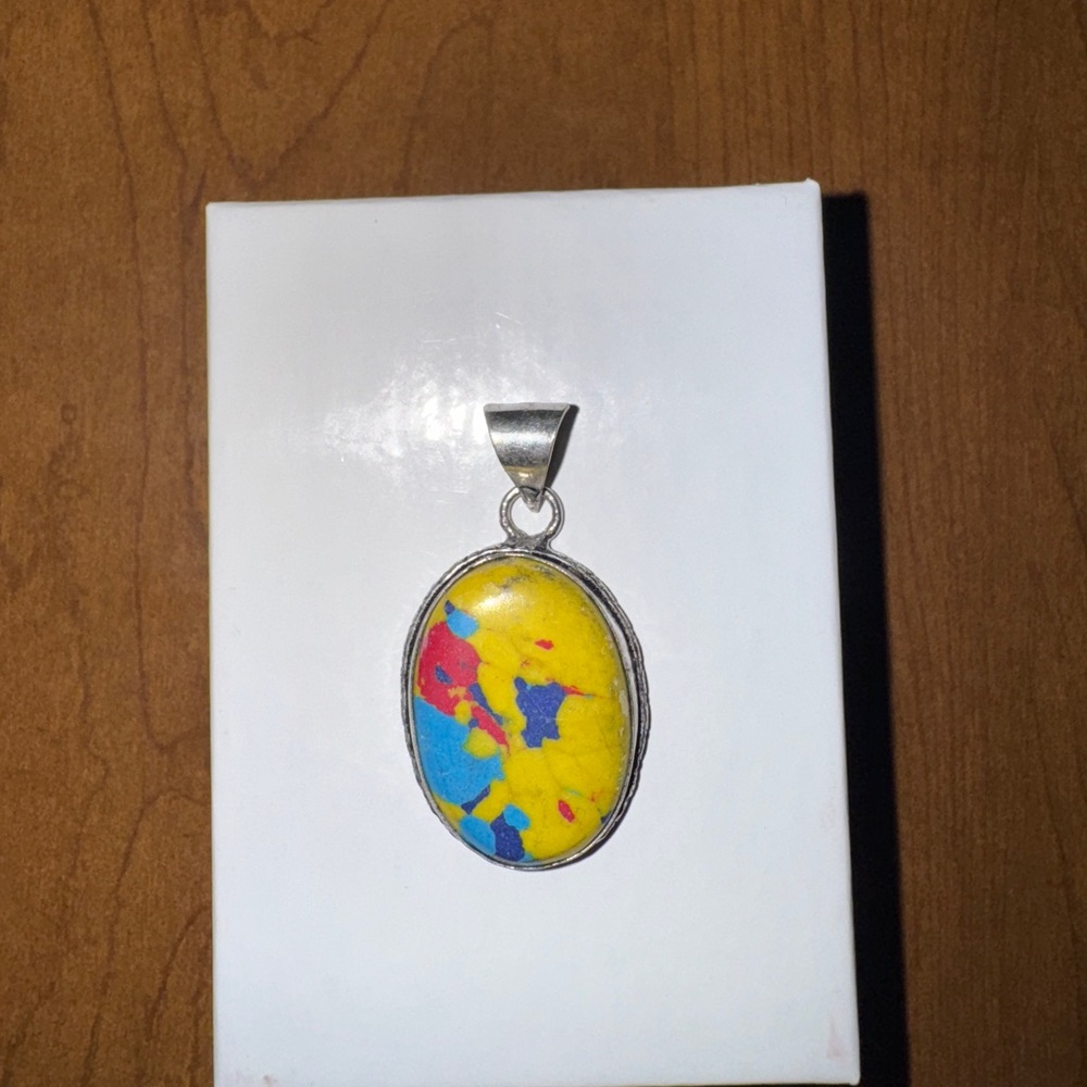 Colorful Yellow Mosaic Calsica Oval Sterling Silver Plated Pendant